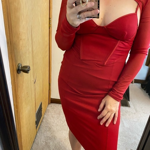 NWT Rosedress Red Corset Top Mesh Long Sleeve Midi Dress - Picture 5 of 13